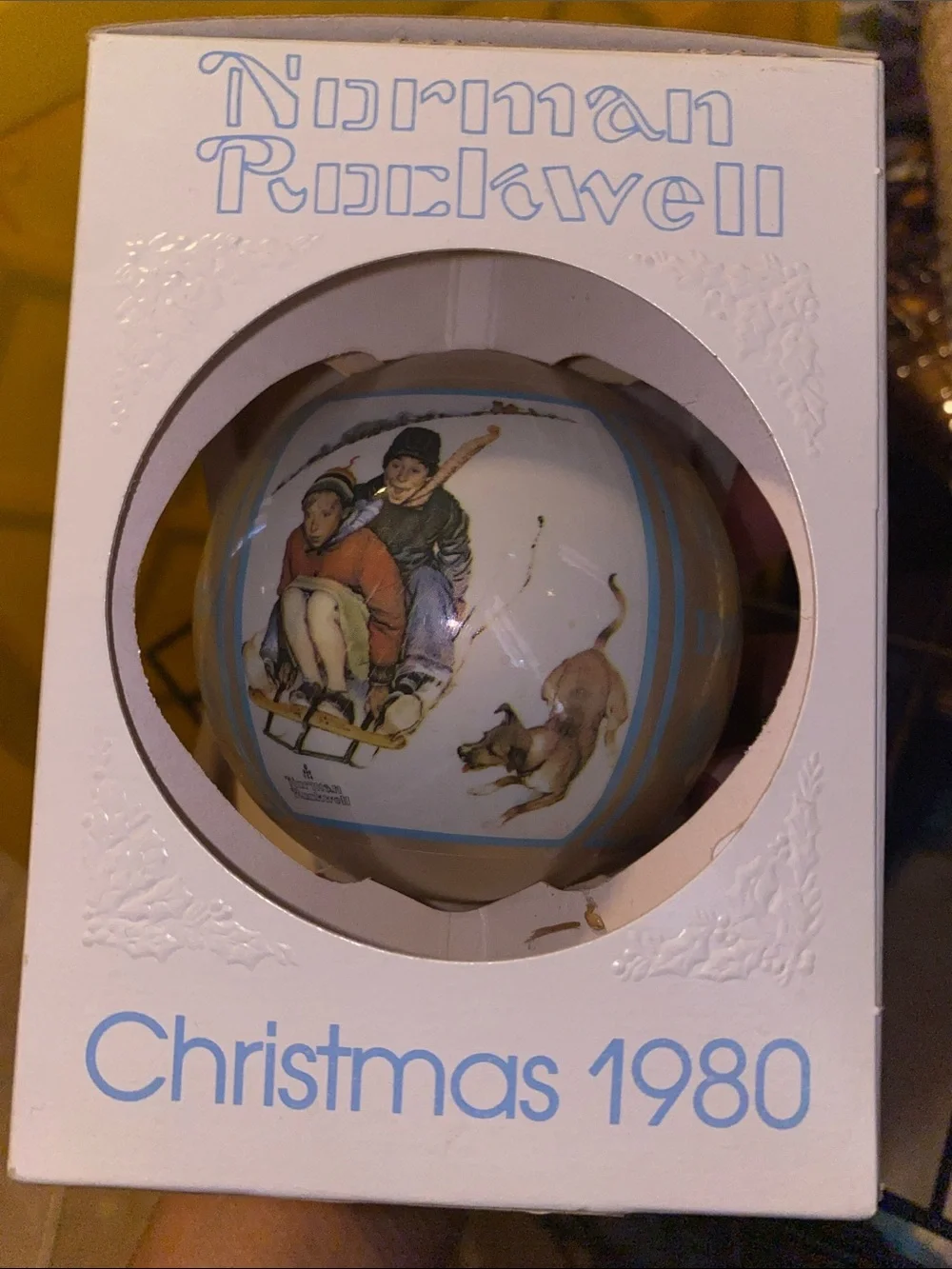 Norman Rockwell White and Blue Sledding Children Christmas Ornament
